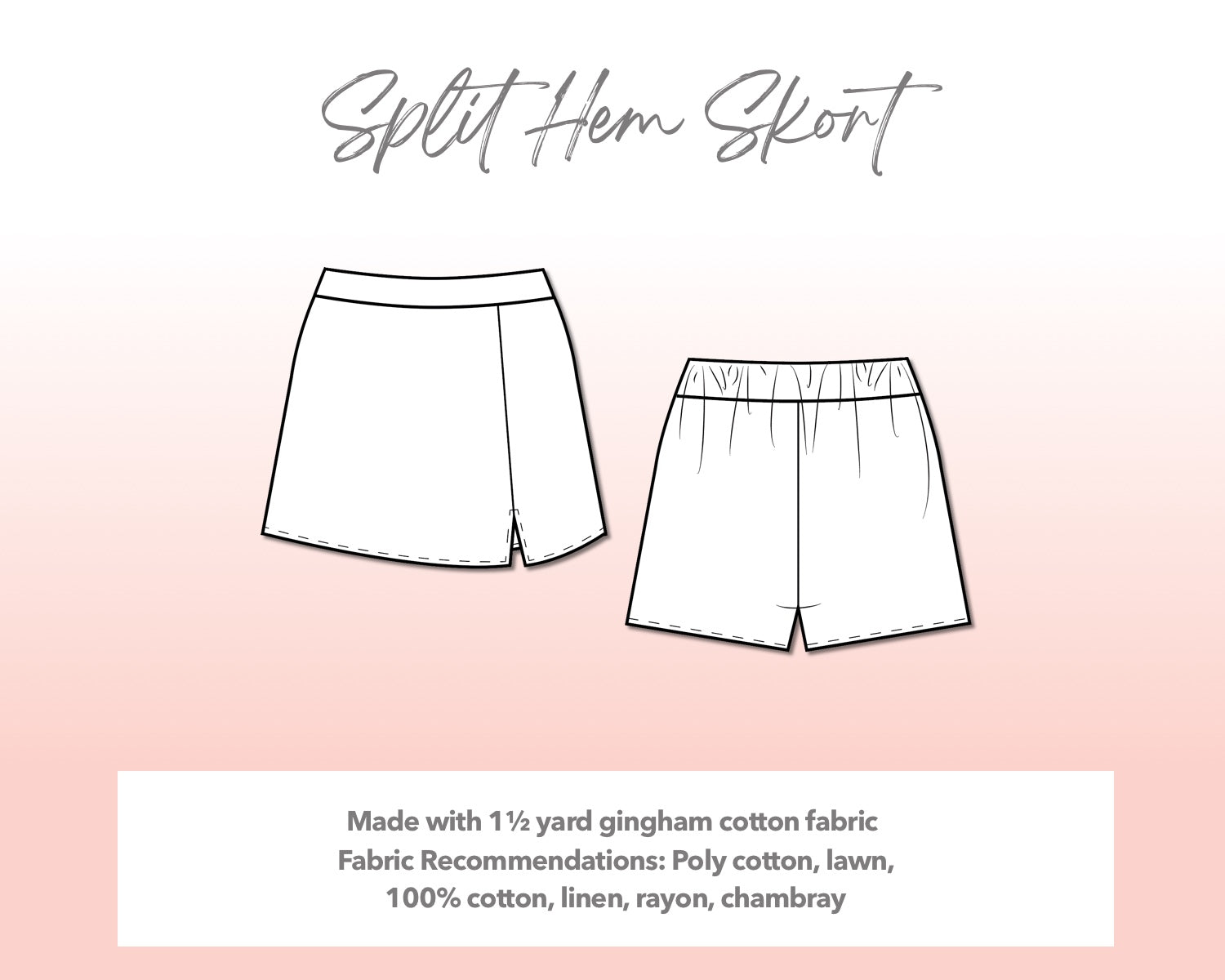 Illustration and detailed description for Plus Size Split Hem Skort sewing pattern. Made with 1½ yard gingham cotton fabric. Other Fabric Recommendations: poly cotton, lawn, 100% cotton, linen, rayon, chambray.