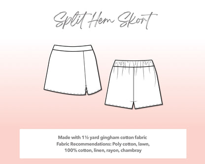 Illustration and detailed description for Plus Size Split Hem Skort sewing pattern. Made with 1½ yard gingham cotton fabric. Other Fabric Recommendations: poly cotton, lawn, 100% cotton, linen, rayon, chambray.
