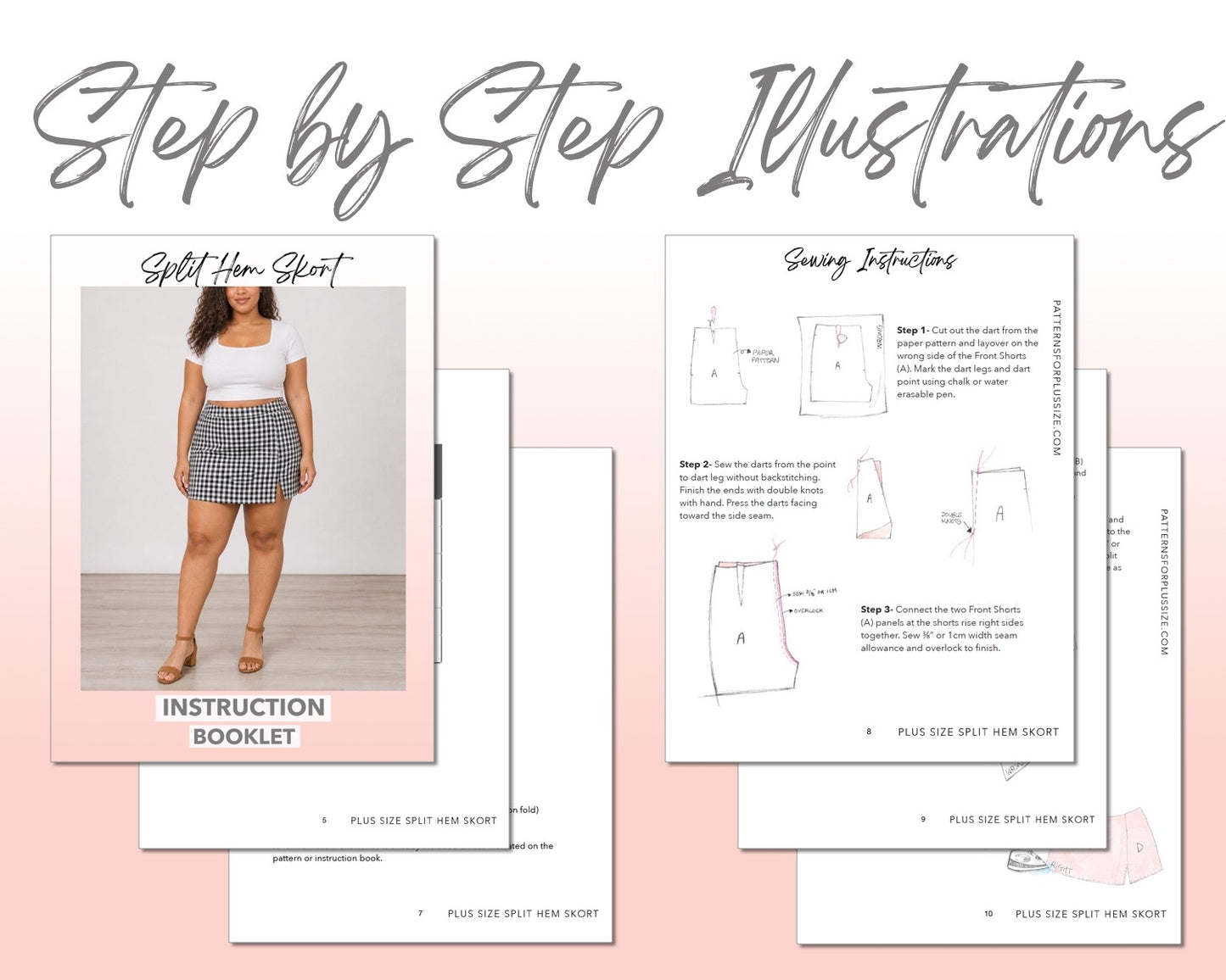 Plus Size Split Hem Skort sewing pattern instruction booklet showing step by step illustrations to make the garment.