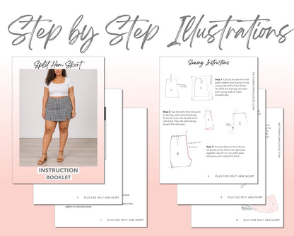 Plus Size Split Hem Skort sewing pattern instruction booklet showing step by step illustrations to make the garment.