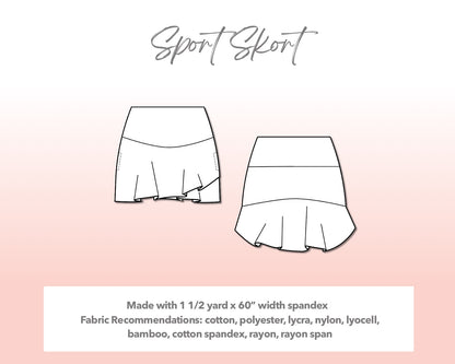 Illustration and detailed description for Plus Size Sport Skort sewing pattern. Made with 1½ yard x 60” width spandex. Other Fabric Recommendations: cotton, polyester, lycra, nylon, lyocell, bamboo, cotton spandex, rayon, rayon span.