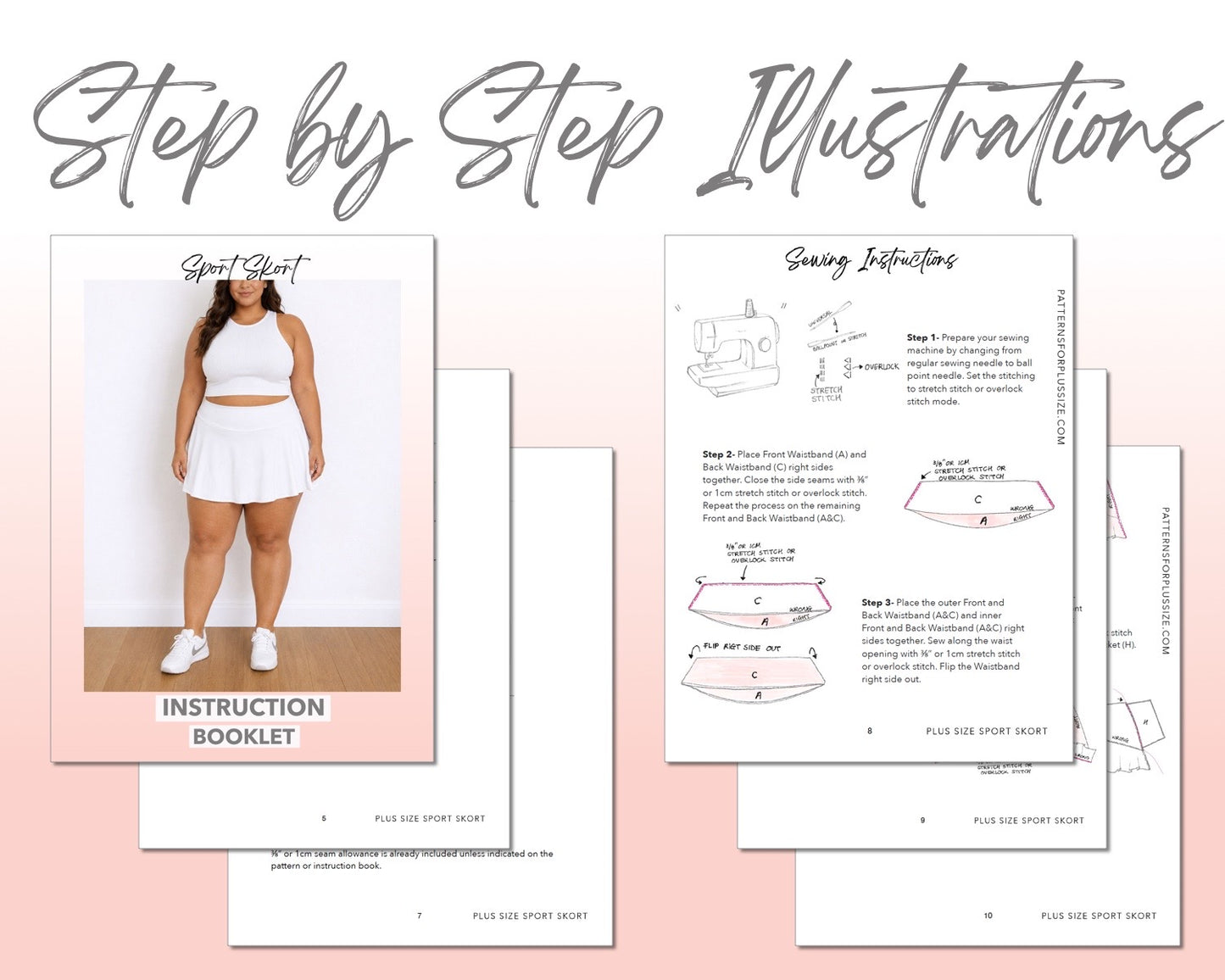 Plus Size Sport Skort sewing pattern instruction booklet showing step by step illustrations to make the garment.