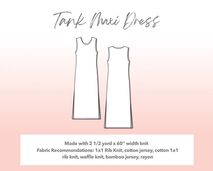 Illustration and detailed description for Plus Size Tank Dress sewing pattern. Made with 2½ yard x 60” width knit. Other Fabric Recommendations: 1x1 Rib Knit, cotton jersey, cotton 1x1 rib knit, waffle knit, bamboo jersey, rayon.