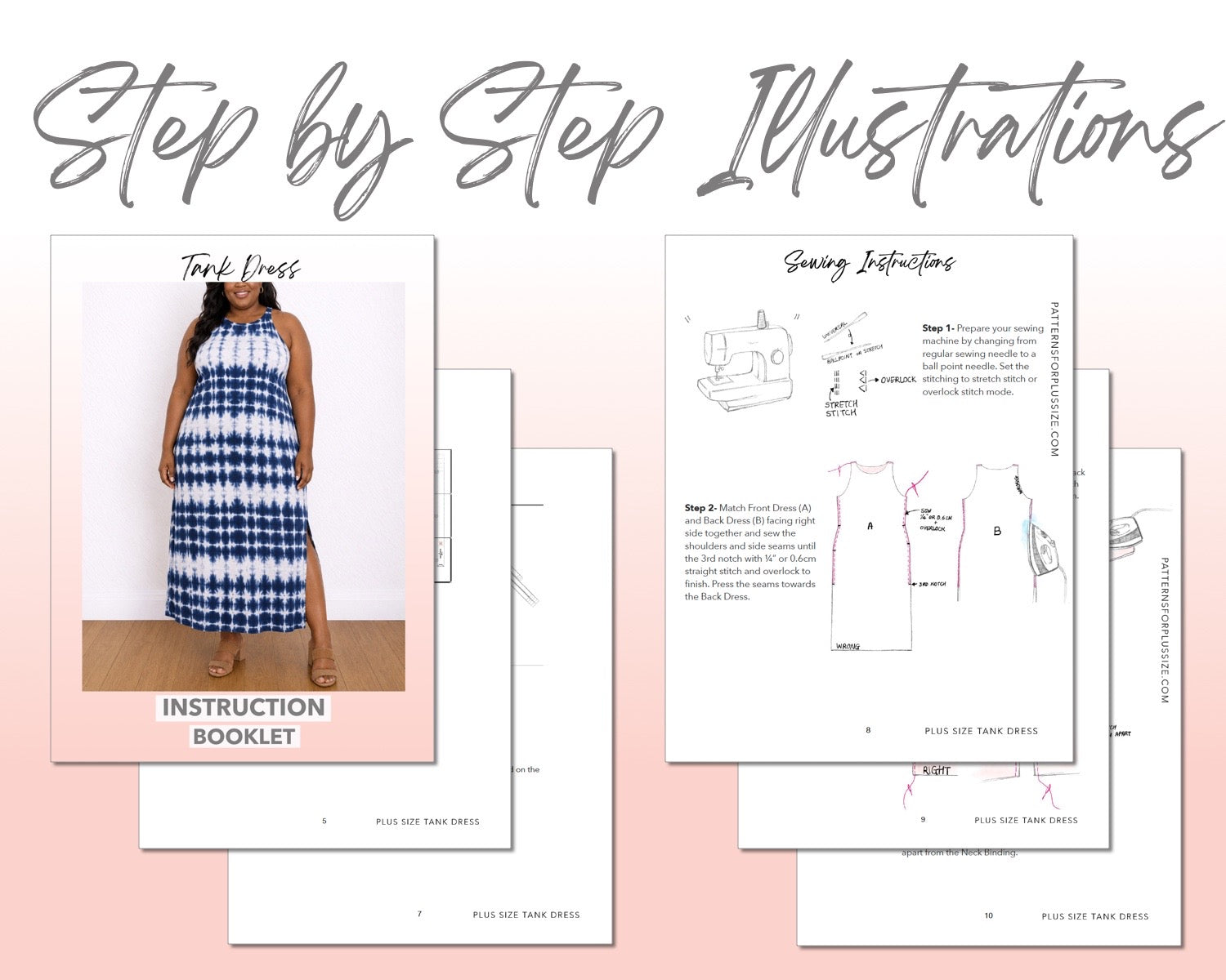Plus Size Tank Dress sewing pattern instruction booklet showing step by step illustrations to make the garment.