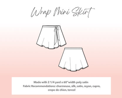 Illustration and detailed description for Plus Size Wrap Mini Skirt sewing pattern. Made with 2¼ yard x 60”width poly satin. Other Fabric Recommendations: charmeuse, silk, satin, rayon, cupro, crepe de chien, tencel.