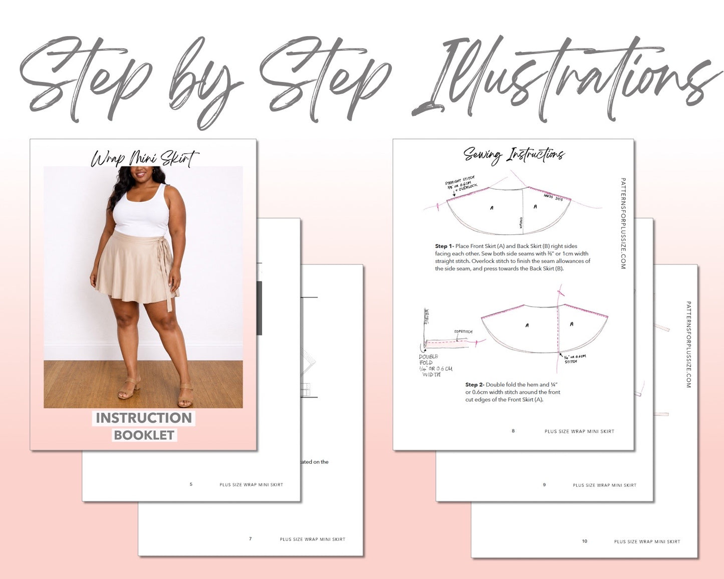 Plus Size Wrap Mini Skirt sewing pattern instruction booklet showing step by step illustrations to make the garment.