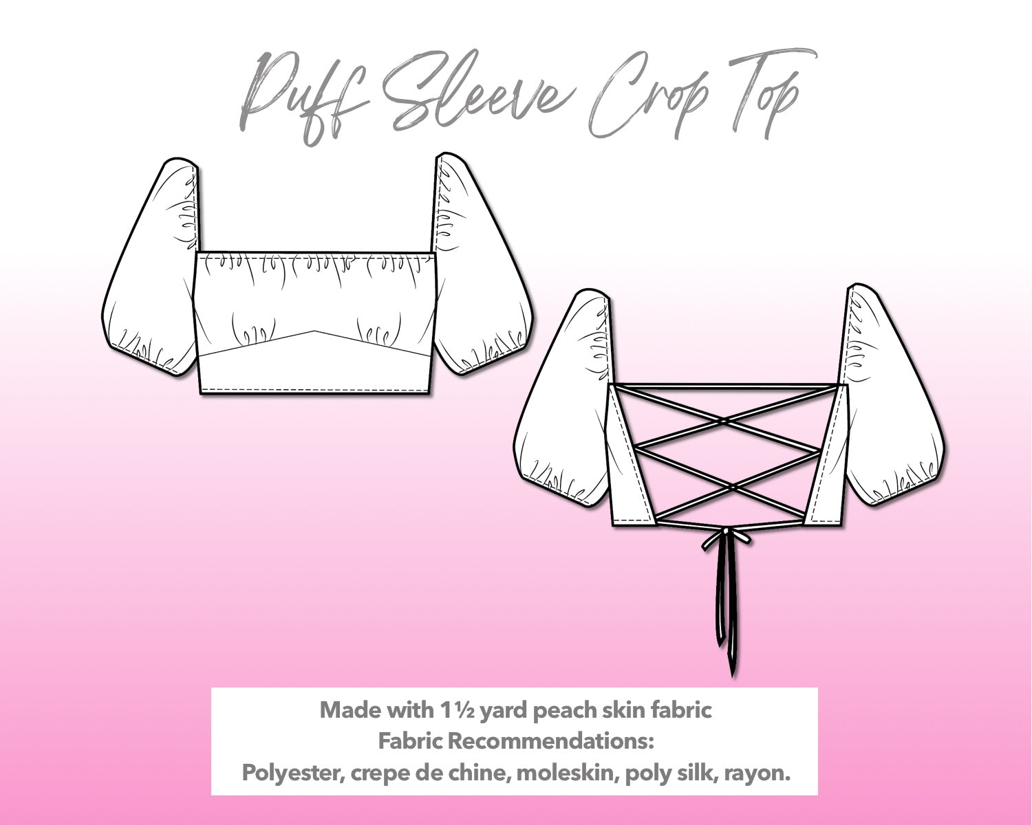 Illustration and detailed description for Puff Sleeve Laced Up Back Crop Top sewing pattern.
