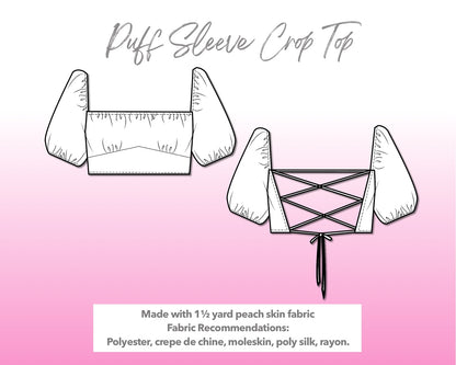 Illustration and detailed description for Puff Sleeve Laced Up Back Crop Top sewing pattern.