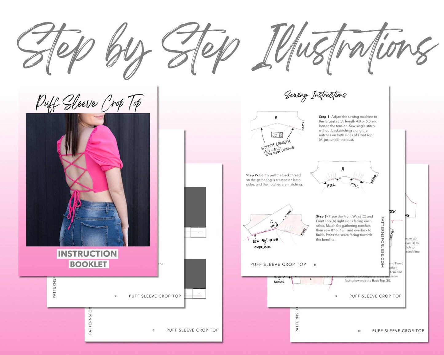 Puff Sleeve Laced Up Back Crop Top sewing pattern step by step illustrations.