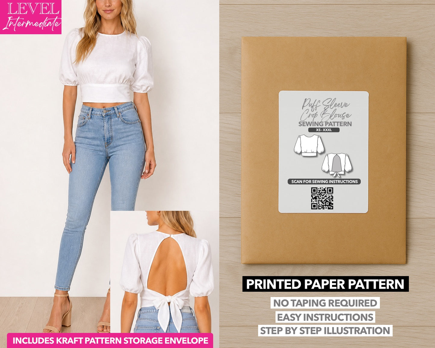 Puff Sleeve Open Back Tie Crop Blouse printed sewing pattern with easy instructions and step by step illustrations.