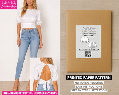 Puff Sleeve Open Back Tie Crop Blouse printed sewing pattern with easy instructions and step by step illustrations.