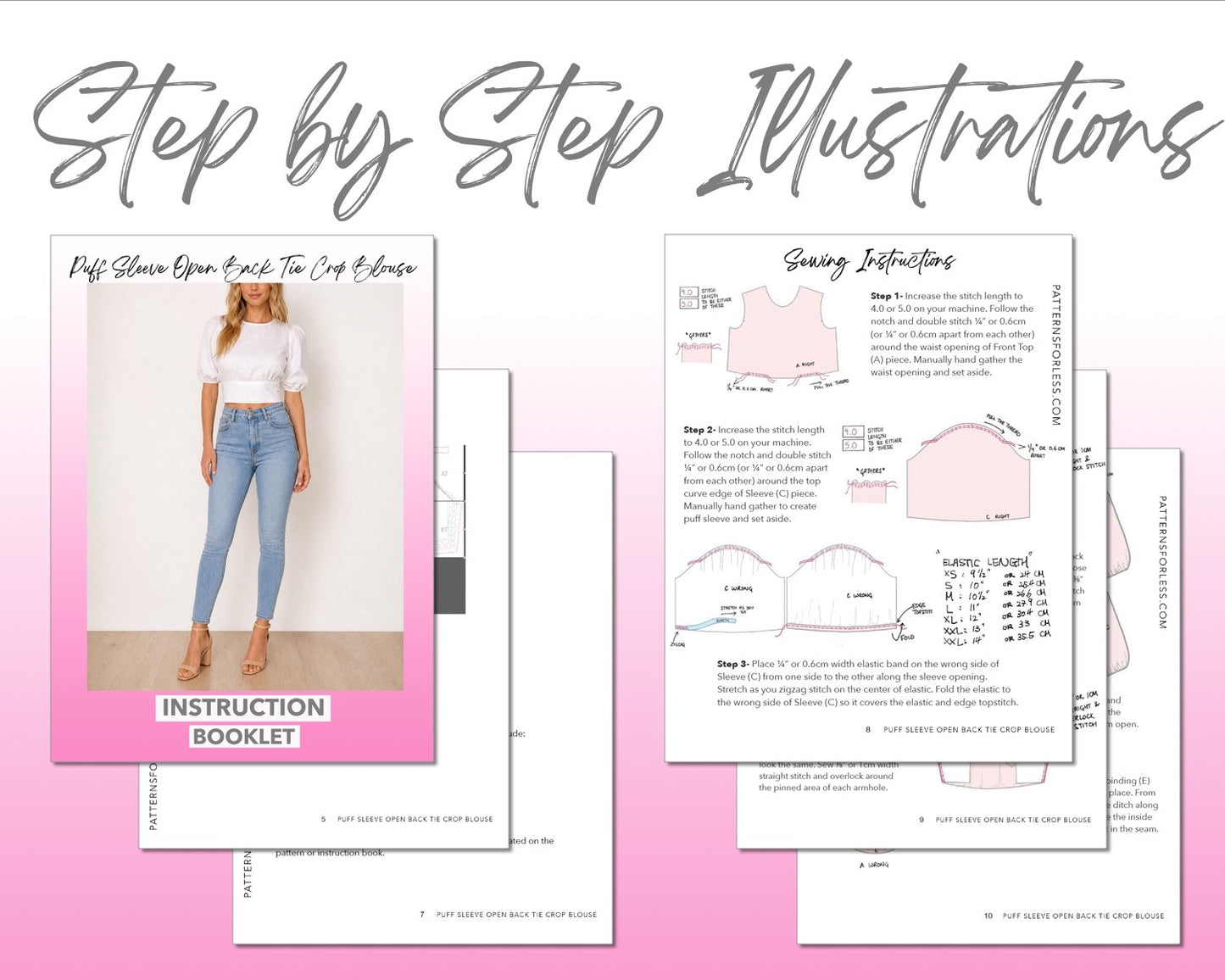 Puff Sleeve Open Back Tie Crop Blouse sewing pattern instruction booklet showing step by step illustrations to make the garment.