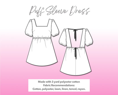 Illustration and detailed description for Puff Sleeve Square Neck Mini Dress sewing pattern.