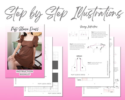 Puff Sleeve Square Neck Mini Dress sewing pattern step by step illustrations.