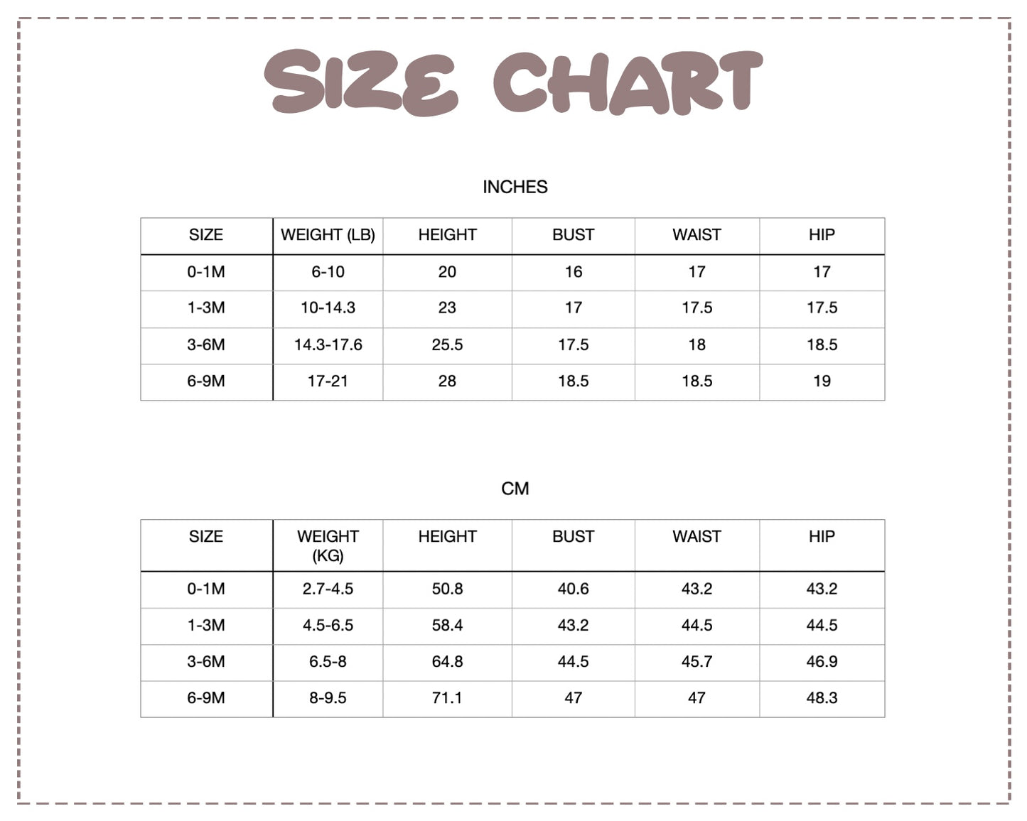 Patterns For Kidz size chart.