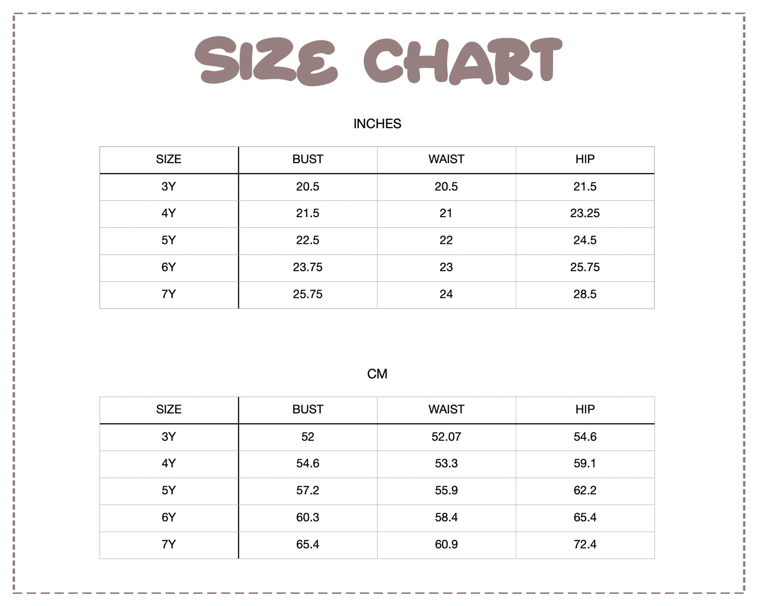 Patterns For Kidz size chart.