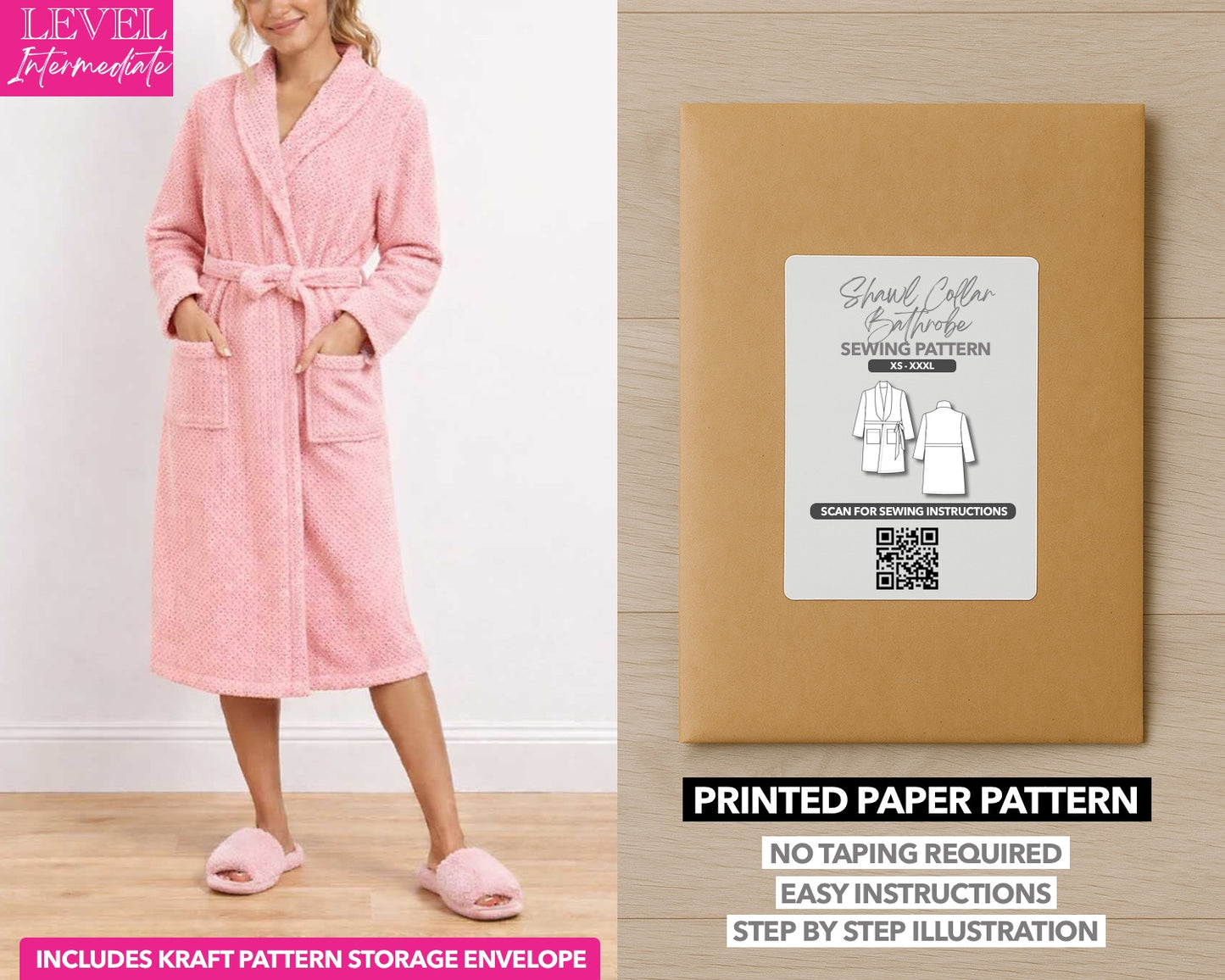 Shawl Collar Bathrobe printed sewing pattern with easy instructions and step by step illustrations.