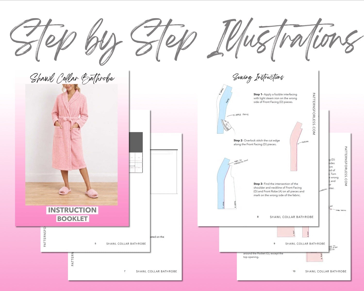 Shawl Collar Bathrobe sewing pattern instruction booklet showing step by step illustrations to make the garment.