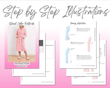 Shawl Collar Bathrobe sewing pattern instruction booklet showing step by step illustrations to make the garment.