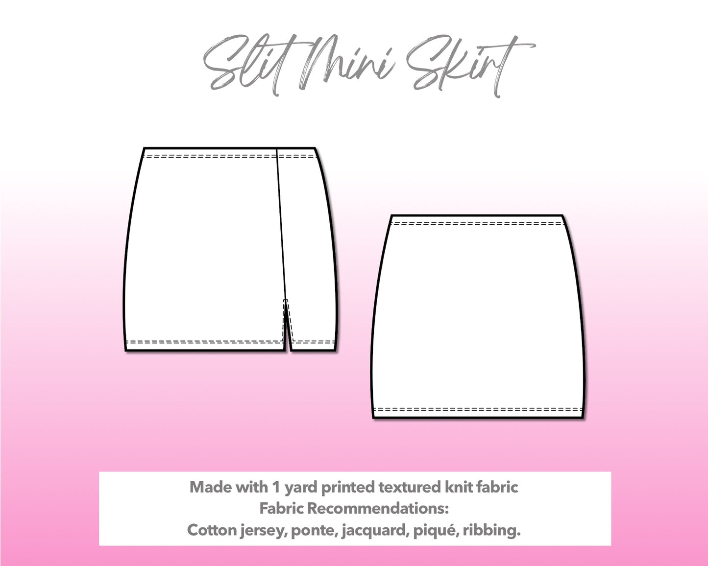 Illustration and detailed description for Side Slit Knit Mini Skirt sewing pattern.