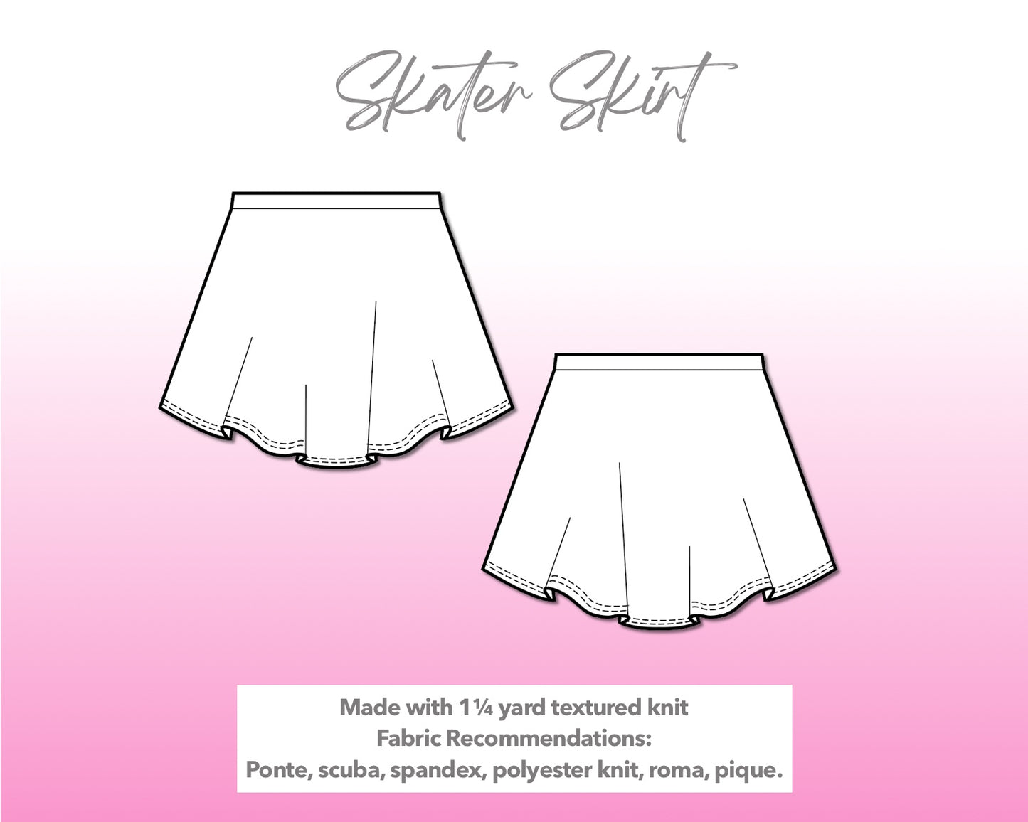 Illustration and detailed description for Skater Knit Skirt sewing pattern.