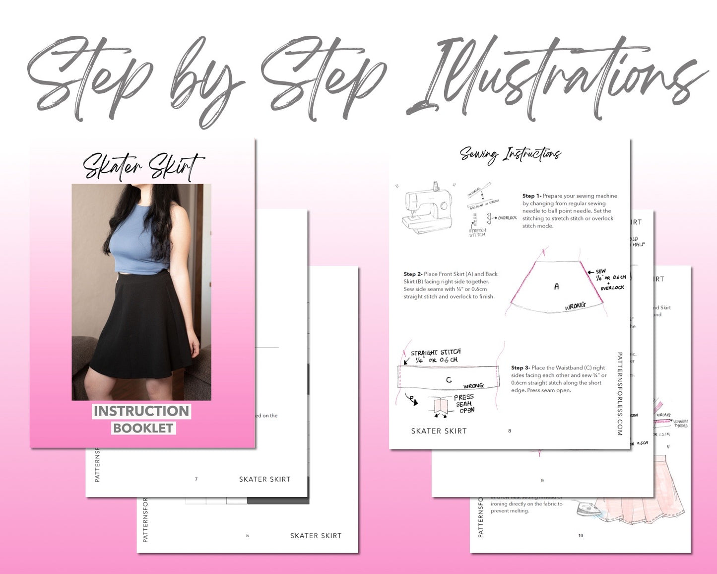 Skater Knit Skirt sewing pattern step by step illustrations.