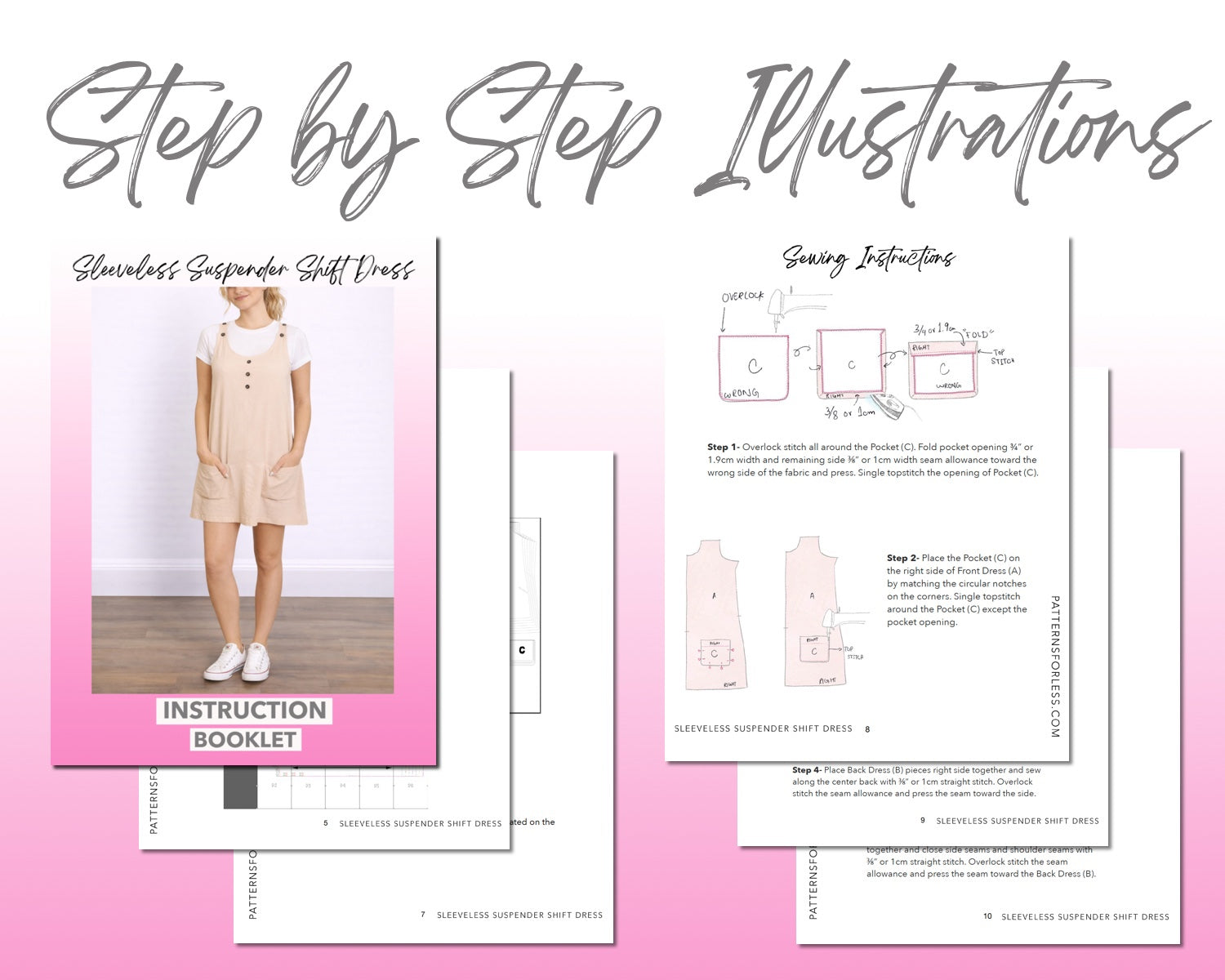 Sleeveless Suspender Shift Dress sewing pattern instruction booklet showing step by step illustrations to make the garment.