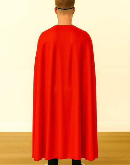 Back view of person wearing a red superhero cape on a beige background