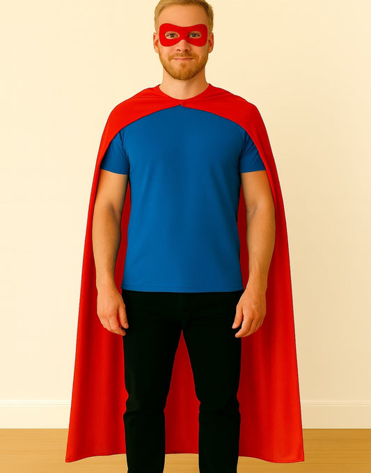 Person wearing a red cape over a blue shirt, red mask and black pants on a beige background