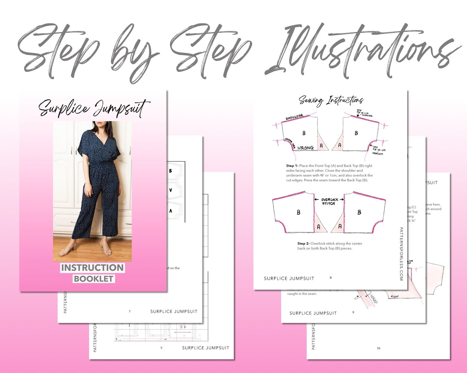 Surplice Jumpsuit sewing pattern step by step illustrations.