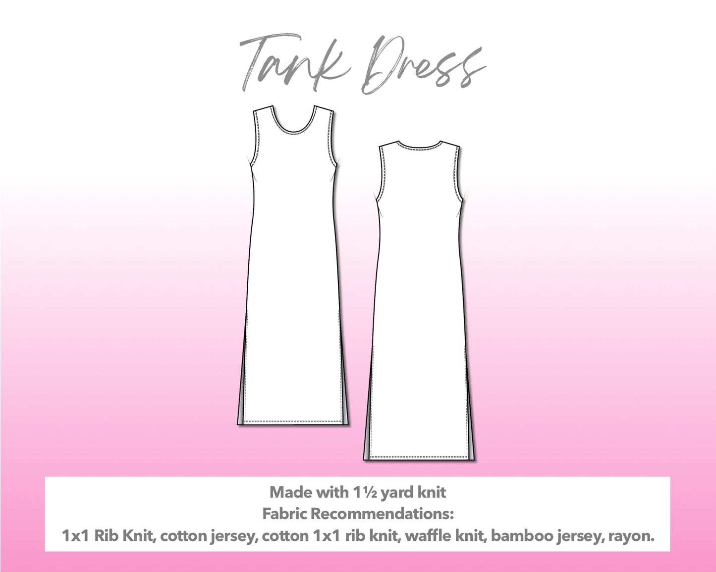 Illustration and detailed description for Tank Long Knit Dress sewing pattern.