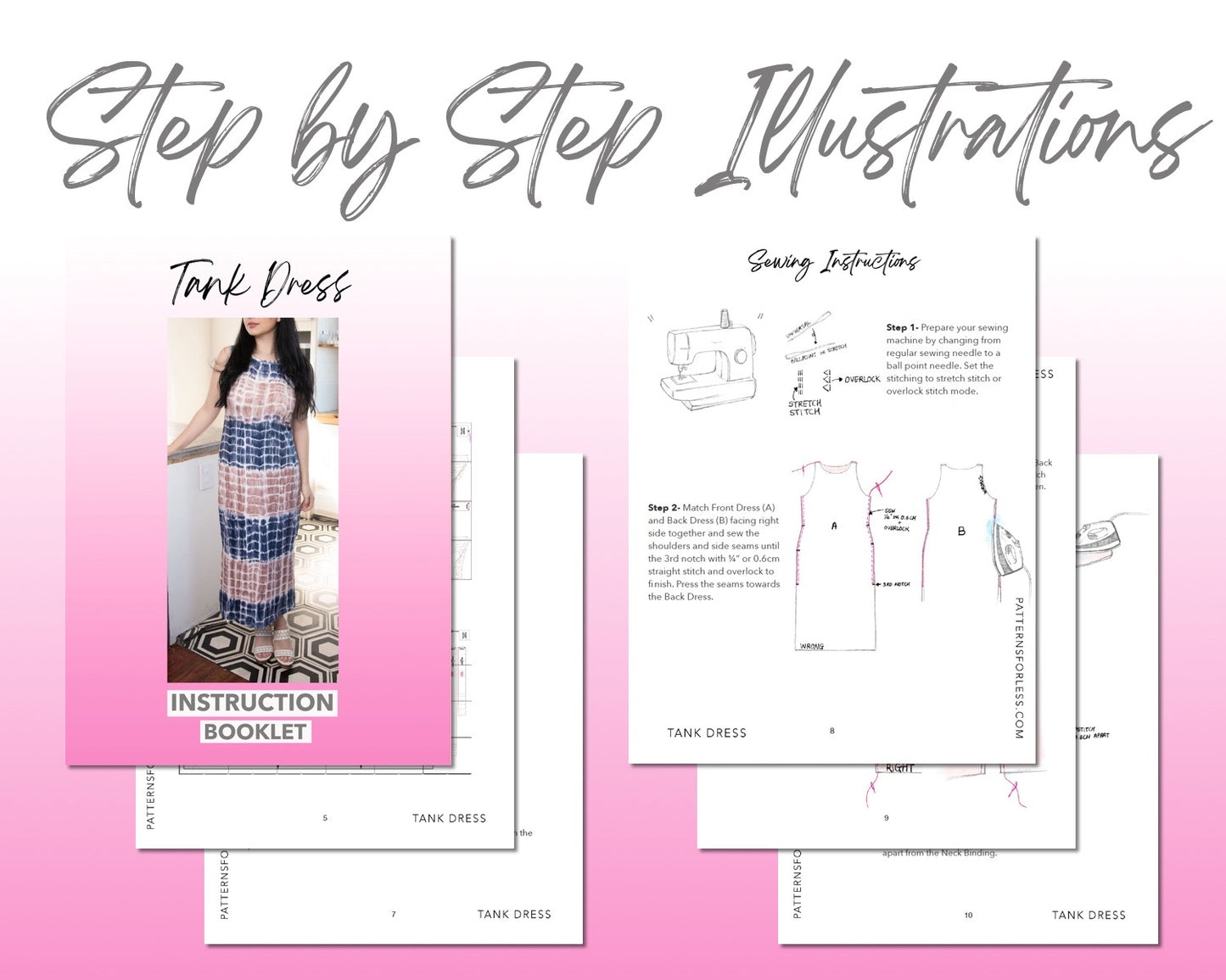 Tank Long Knit Dress sewing pattern step by step illustrations.