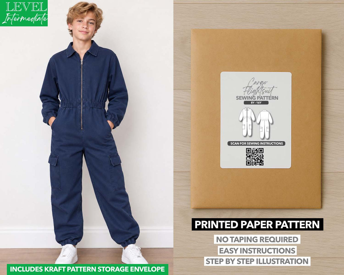 Teen Boys Cargo Utility Flightsuit printed sewing pattern with easy instructions and step by step illustrations.