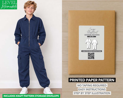 Teen Boys Cargo Utility Flightsuit printed sewing pattern with easy instructions and step by step illustrations.