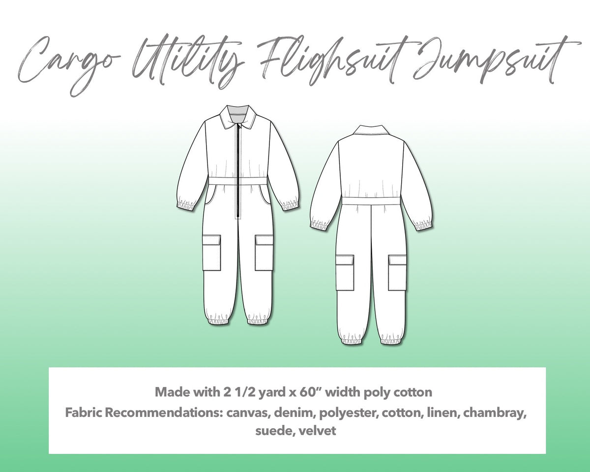 Illustration and detailed description for Teen Boys Cargo Utility Flightsuit sewing pattern. Made with 2½ yard x 60” width poly cotton. Other Fabric Recommendations: canvas, denim, polyester, cotton, linen, chambray, suede, velvet.