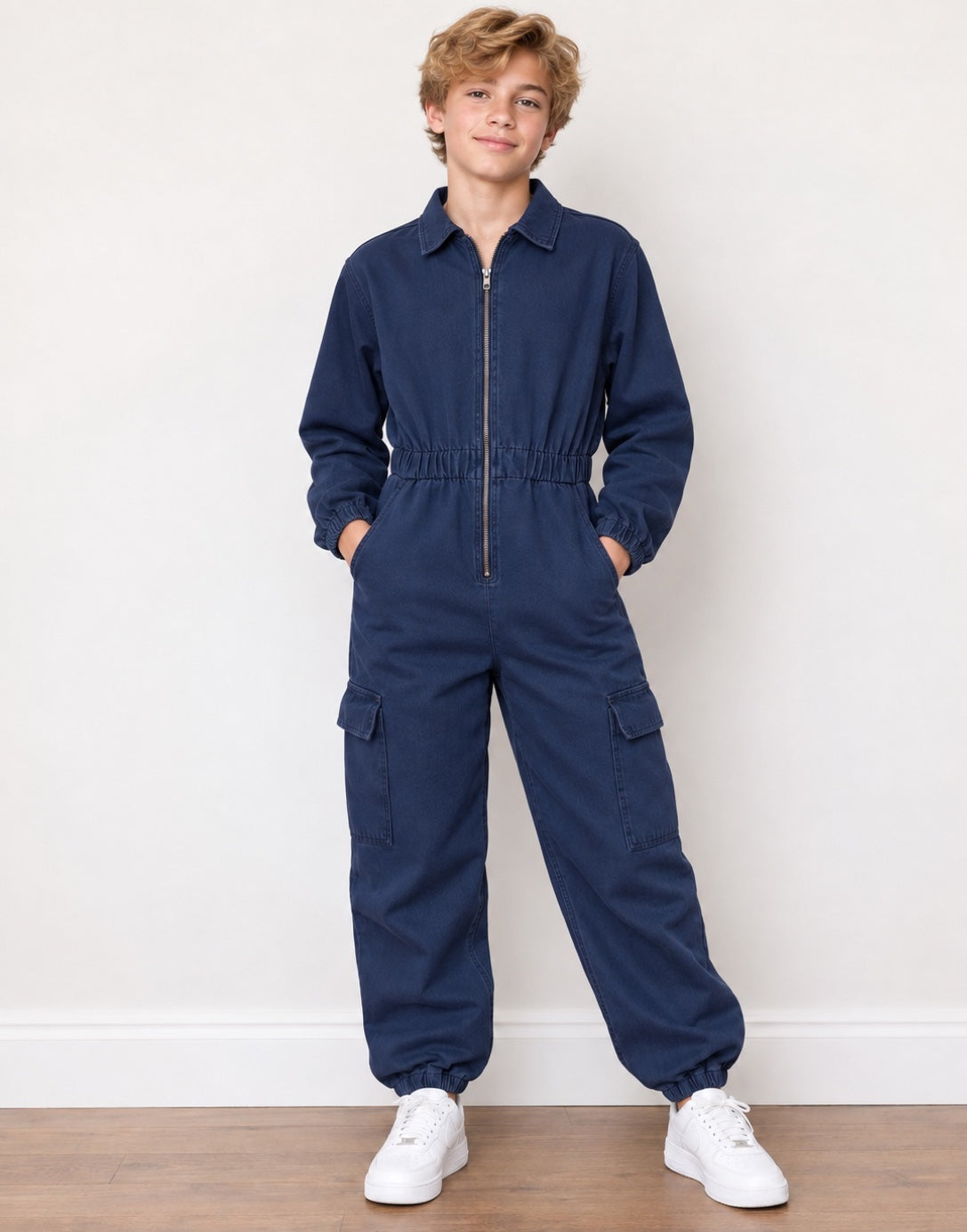 A young boy stands wearing a dark blue denim jumpsuit with a front zipper, elastic waist, and cargo pockets, paired with white sneakers against a plain white wall and wood floor.