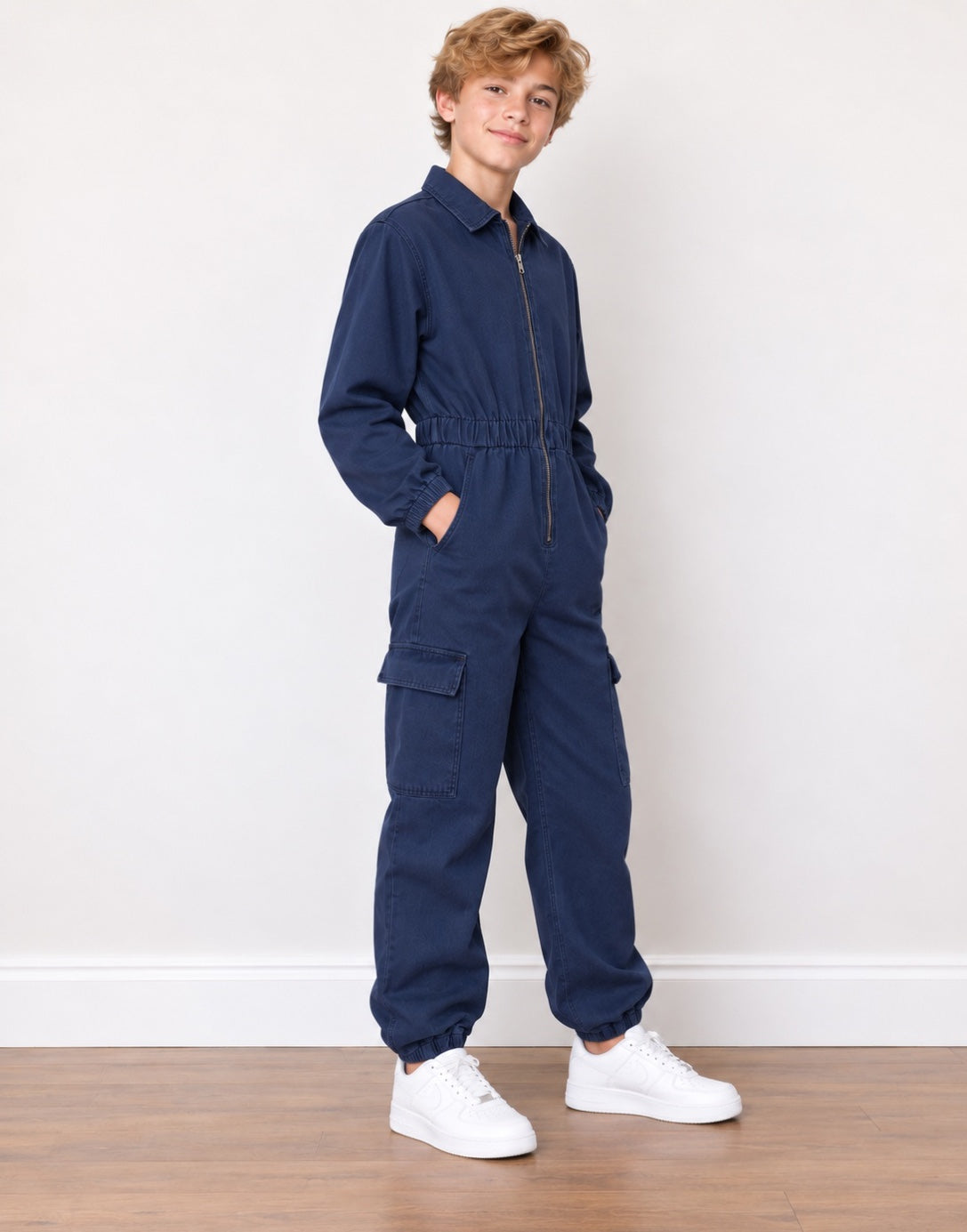 Side view of a young boy stands wearing a dark blue denim jumpsuit with white sneakers against a plain off-white wall and wooden floor.