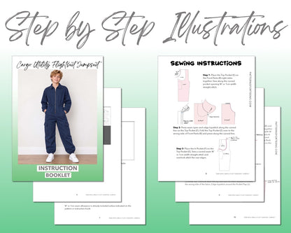 Teen Boys Cargo Utility Flightsuit sewing pattern instruction booklet showing step by step illustrations to make the garment.