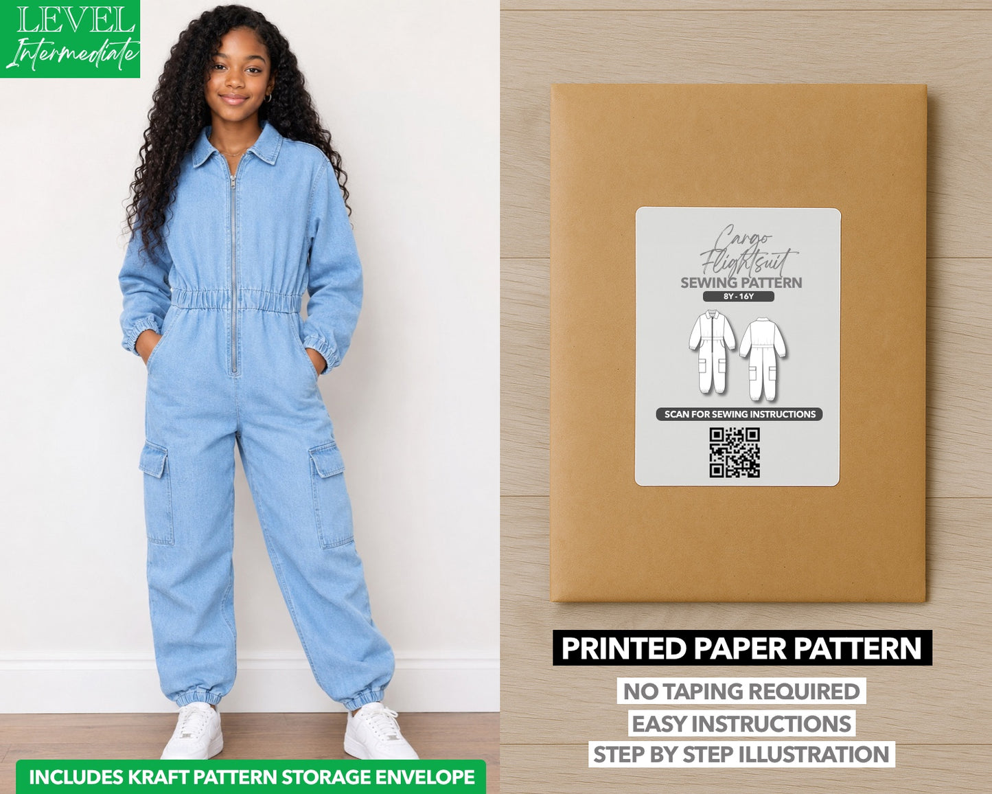 Teen Girls Cargo Utility Flightsuit Jumpsuit printed sewing pattern with easy instructions and step by step illustrations.