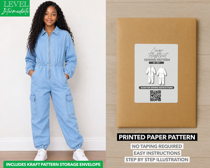 Teen Girls Cargo Utility Flightsuit Jumpsuit printed sewing pattern with easy instructions and step by step illustrations.