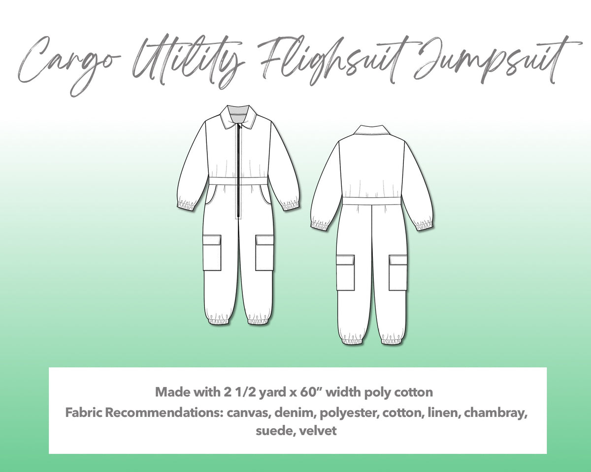 Illustration and detailed description for Teen Girls Cargo Utility Flightsuit Jumpsuit sewing pattern. Made with 2½ yard x 60” width poly cotton. Other Fabric Recommendations: canvas, denim, polyester, cotton, linen, chambray, suede, velvet.