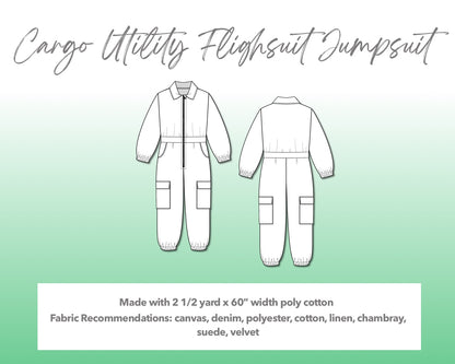 Illustration and detailed description for Teen Girls Cargo Utility Flightsuit Jumpsuit sewing pattern. Made with 2½ yard x 60” width poly cotton. Other Fabric Recommendations: canvas, denim, polyester, cotton, linen, chambray, suede, velvet.