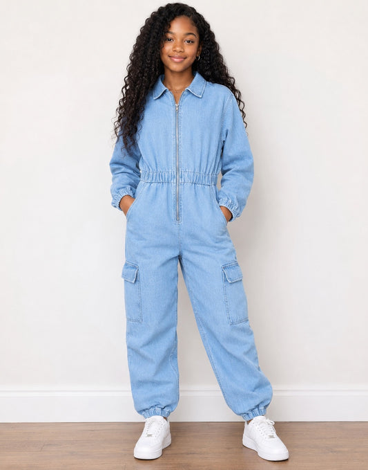 A young girl with long curly black hair stands wearing a light blue denim jumpsuit with a front zipper, elastic waist, and cargo pockets, paired with white sneakers against a plain white wall and wood floor.