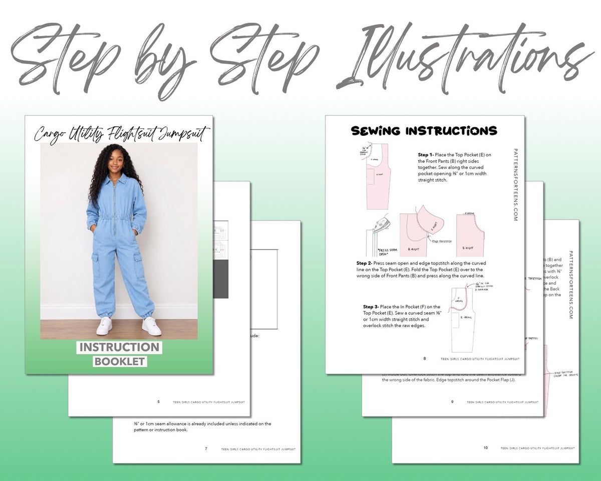 Teen Girls Cargo Utility Flightsuit Jumpsuit sewing pattern instruction booklet showing step by step illustrations to make the garment.