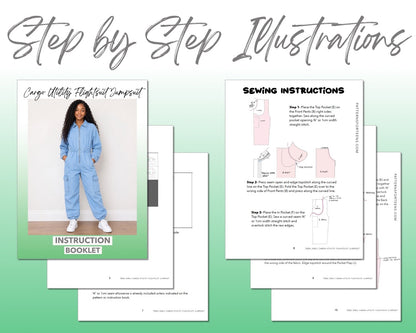 Teen Girls Cargo Utility Flightsuit Jumpsuit sewing pattern instruction booklet showing step by step illustrations to make the garment.