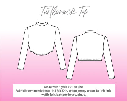 Illustration and detailed description for Turtleneck Long Sleeve Crop Top sewing pattern.