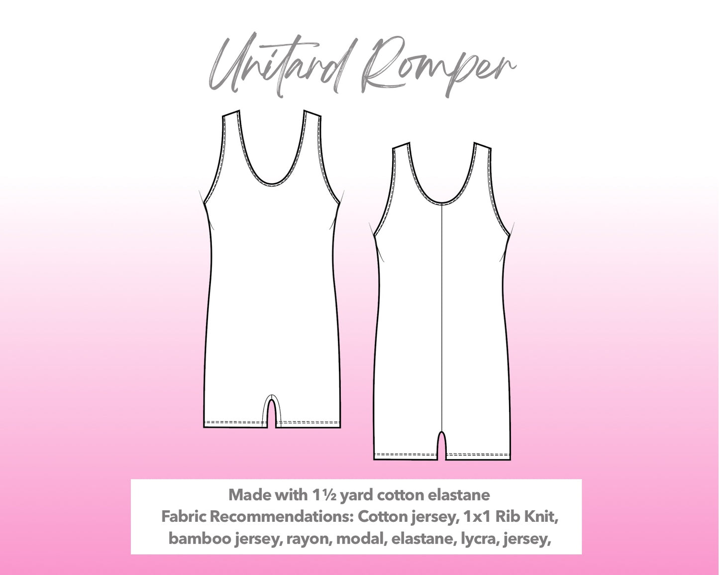 Illustration and detailed description for Unitard Knit Romper sewing pattern.