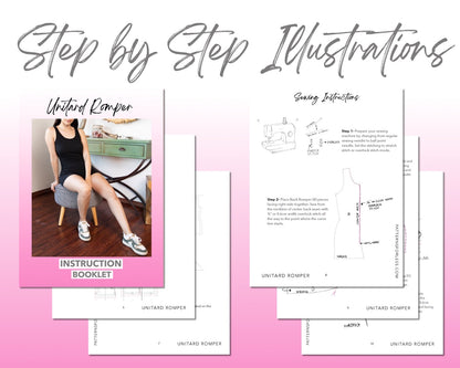 Unitard Knit Romper sewing pattern step by step illustrations.