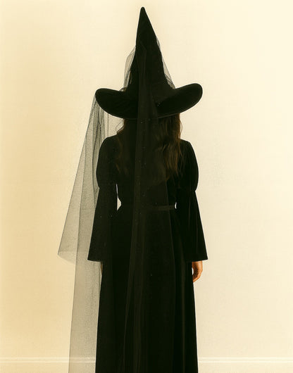 Back view of person wearing a long black dress and pointed hat with a veil against a beige background