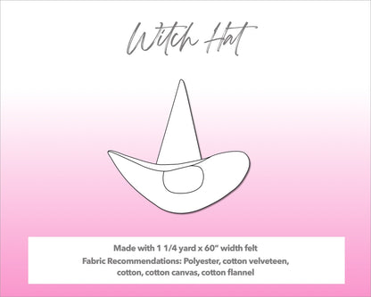 Illustration and detailed description for Witch Hat sewing pattern. Made with 1¼ yard x 60” width felt. Other Fabric Recommendations: polyester, cotton velveteen, cotton, cotton canvas, cotton flannel.